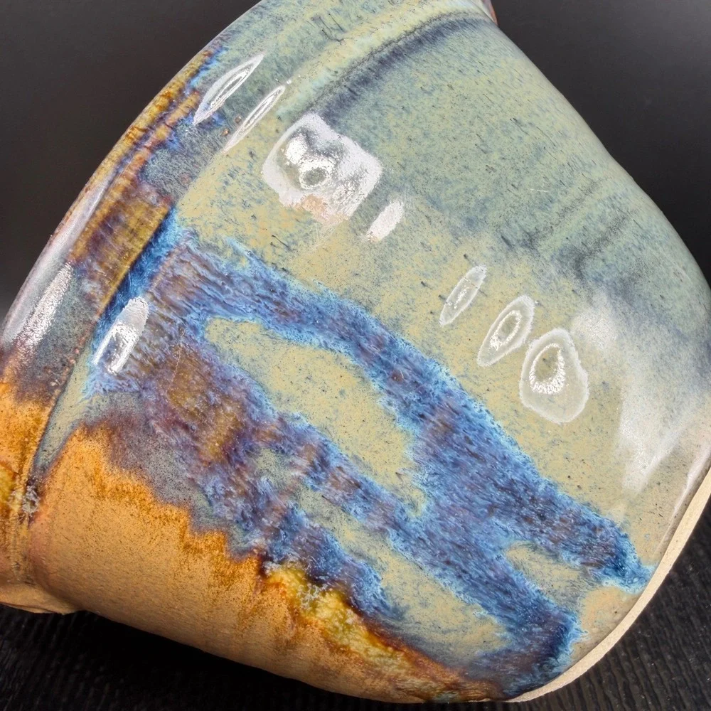 Barbara G Childs Studio Pottery Handled Bowl Dish‎ Ochre Drip Glaze Signed